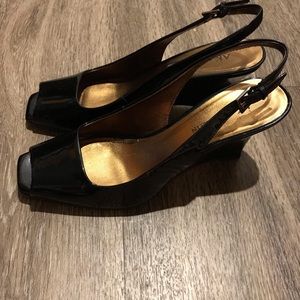 Anne Klein open toe wedge black heels